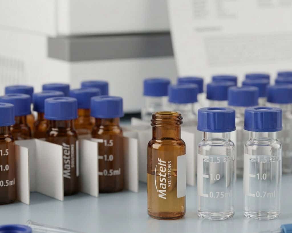 2ml nd9 screw hplc amber and clear vials mastelf logo