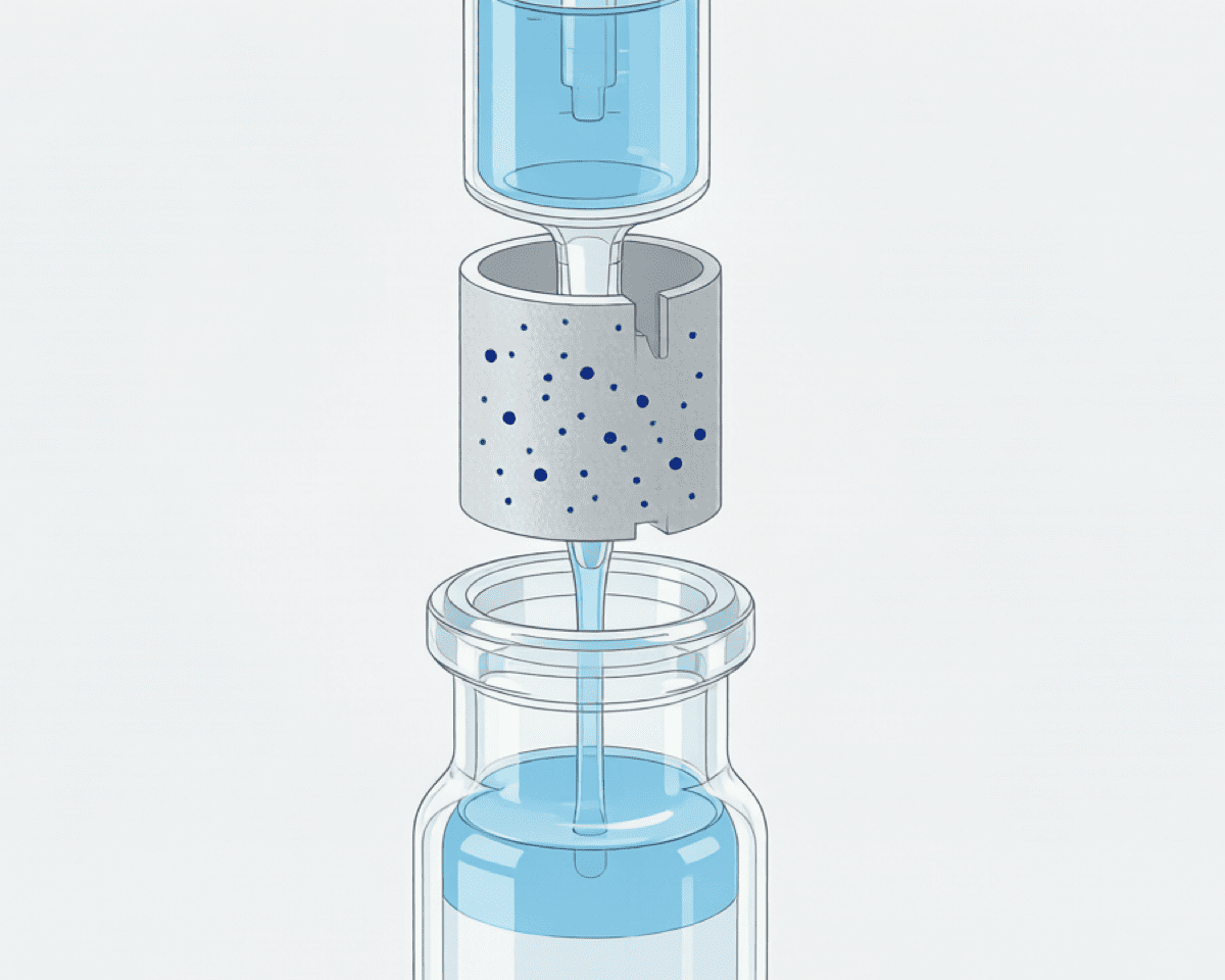 A cutaway view of a syringe filter membrane trapping particles while clean liquid passes through into a glass HPLC vial
