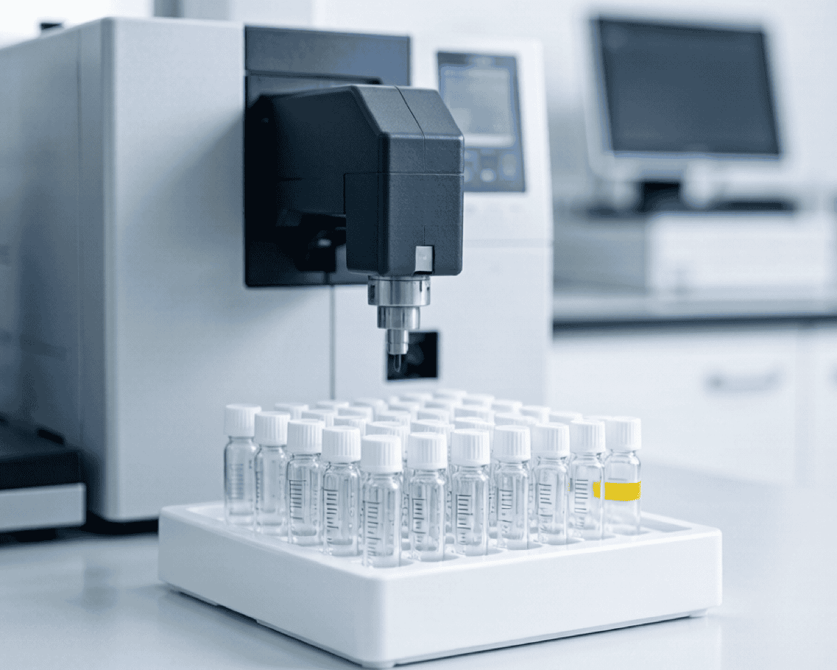 An HPLC autosampler with a tray of glass sample vials in a modern analytical laboratory