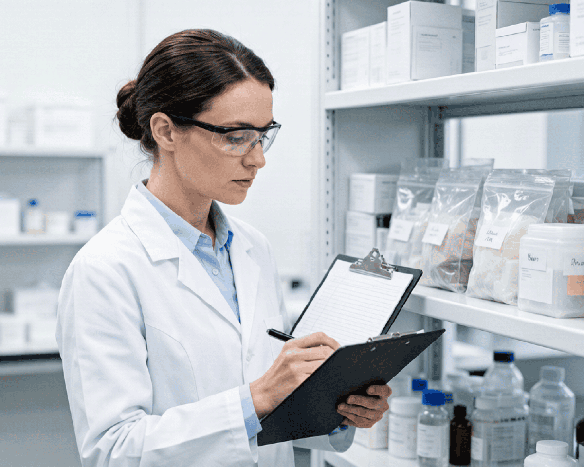 A lab technician checking an inventory clipboard against boxes of consumables on a stockroom shelf