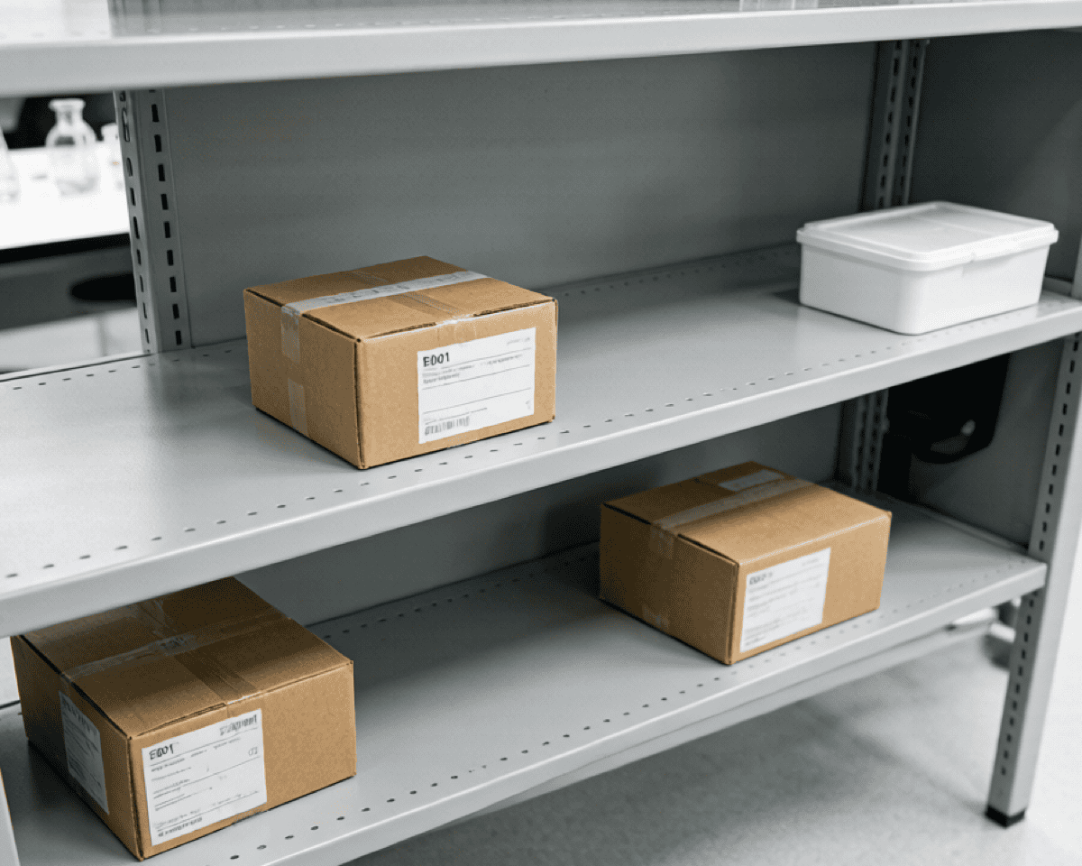 A nearly empty laboratory supply shelf with only a few boxes of consumables remaining