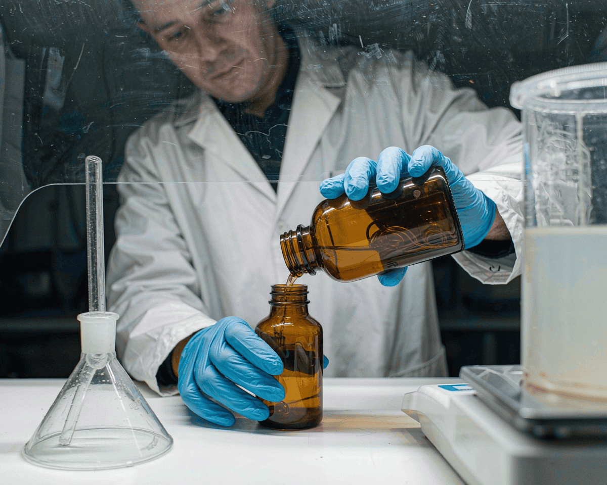 Reagent being transferred into an amber bottle to protect it from light