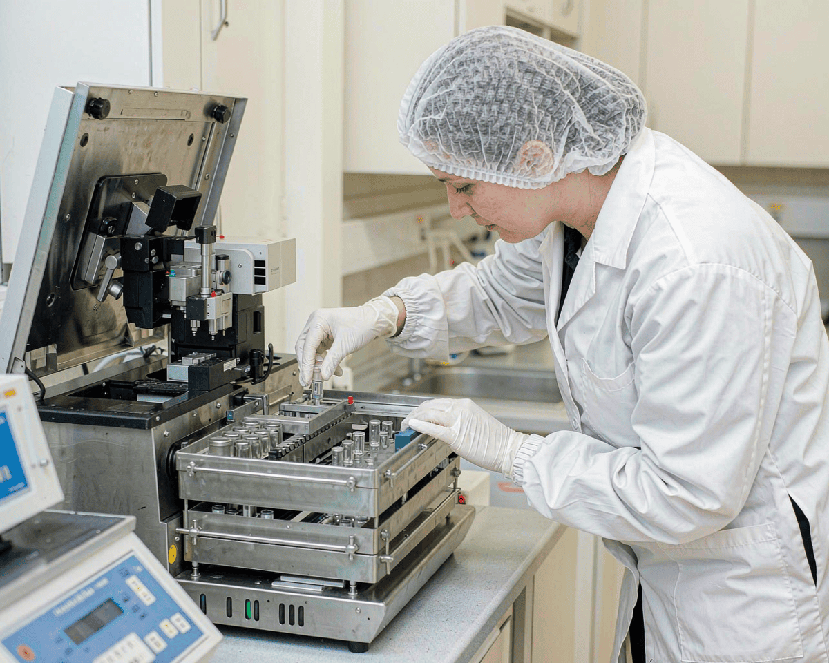 Lab technician loading vials into an autosampler tray