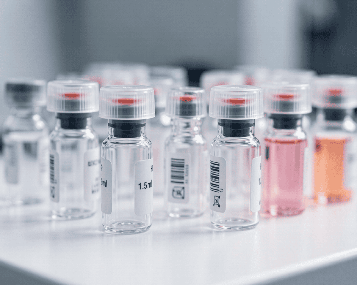 Close-up of glass HPLC vials with caps and septa