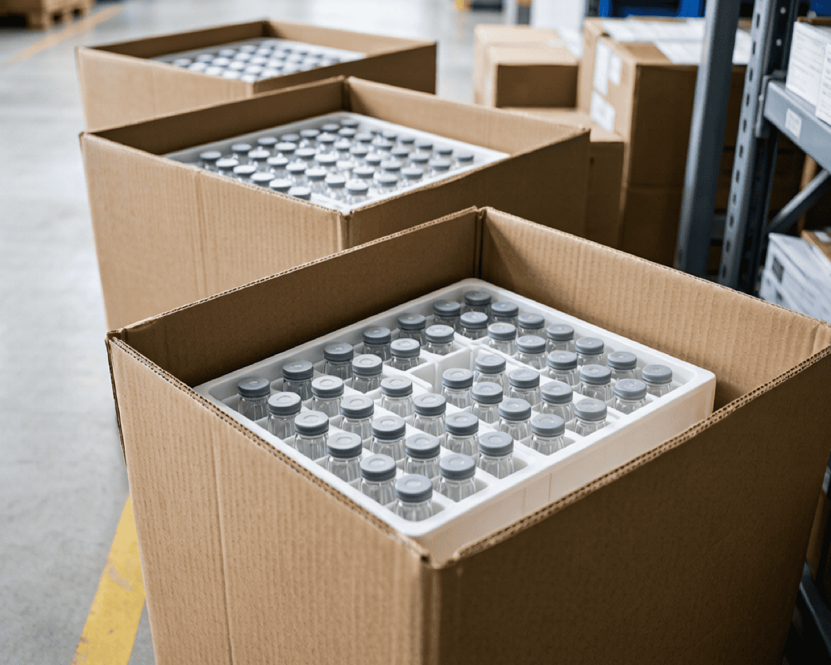 Export cartons packed with laboratory vials