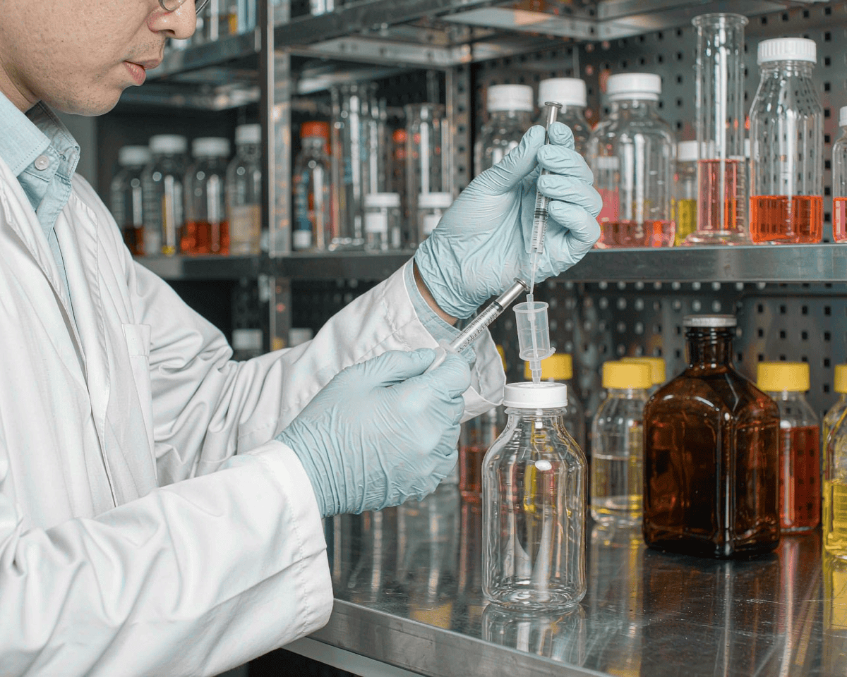 Lab technician filtering a sample through a syringe filter into a vial