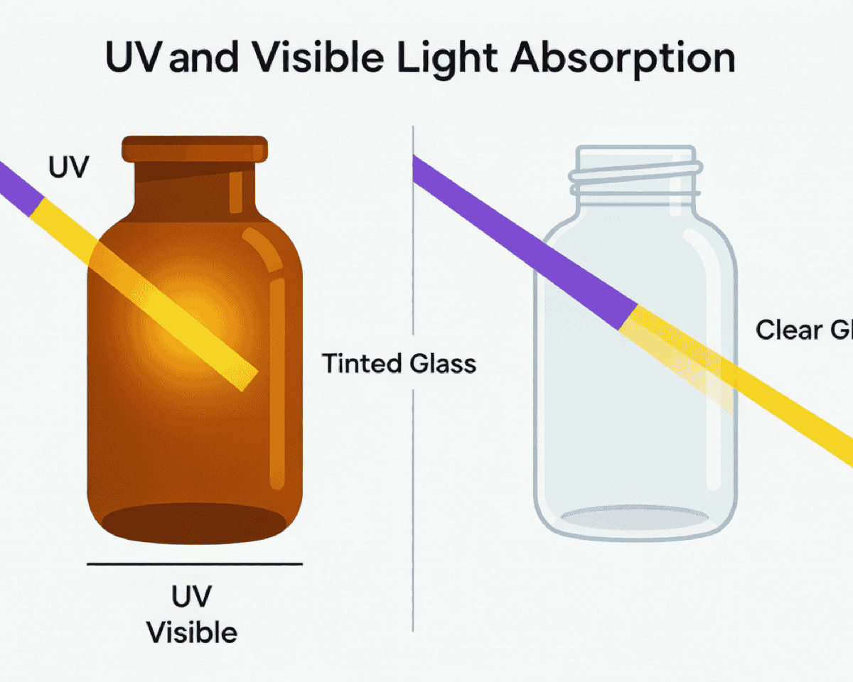 Diagram: amber glass blocks UV and visible light, clear glass transmits it