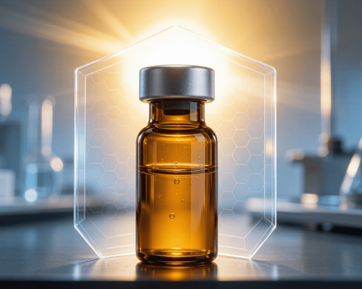 Amber glass vial shielding a light-sensitive golden solution from a bright light source