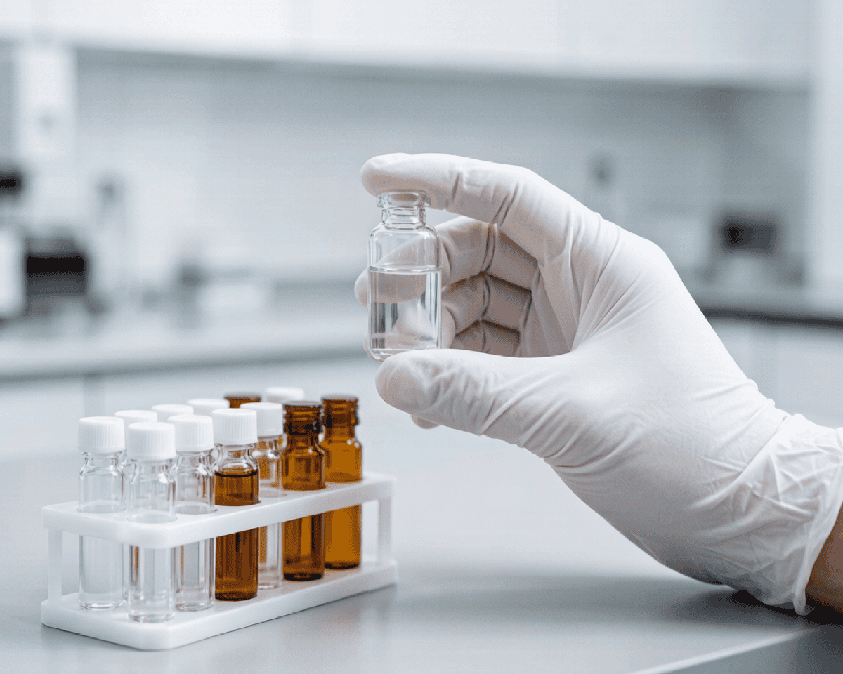 Laboratory technician inspecting the fill level in a clear glass vial