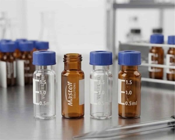 2ml 9mm screw hplc amber and clear autosampler vials mastelf logo